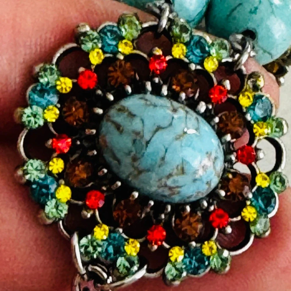 Boho Faux Turquoise Multi-Color Rhinestone Bracelet & Chandelier Earring Set